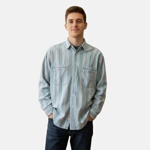 Vintage 1991 Levis Chambray Stripe Shirt Men XL Pastel Western 90s Grunge